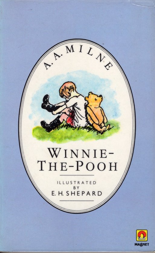 Boek 'Winnie-the-Pooh' van A.A. Milne, geillustreerd door E.H. Shepard, met een tekening van Christopher Robin en Pooh.