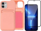 Roze Pasjeshouder Hoesje geschikt voor Apple iPhone 12 Mini - Screenprotector Glas - Case met Pasjeshouder - Backcover