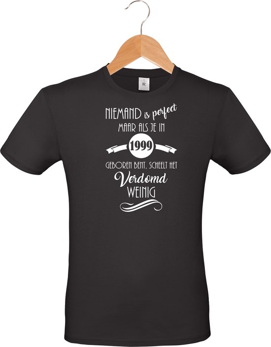 Mijncadeautje - unisex T-shirt - zwart - Niemand is perfect - geboortejaar 1999