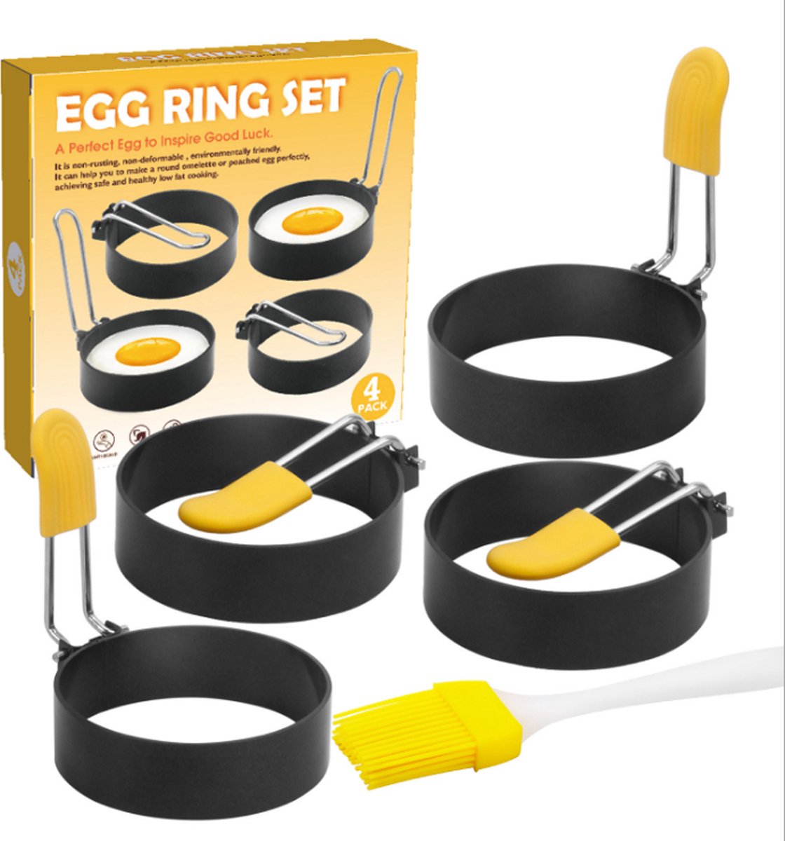 Ei ring - 4 stuks - RVS - Siliconen handgreep - bakvorm rond - geschikt voor o.a. eieren & pannenkoeken - met antiaanbaklaag -