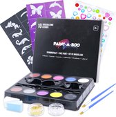 Schminkset op Waterbasis met Penselen, Sponsjes, Sjablonen en Glitters - Schmink Palet voor Kinderen 10 Kleuren x 3 Gram