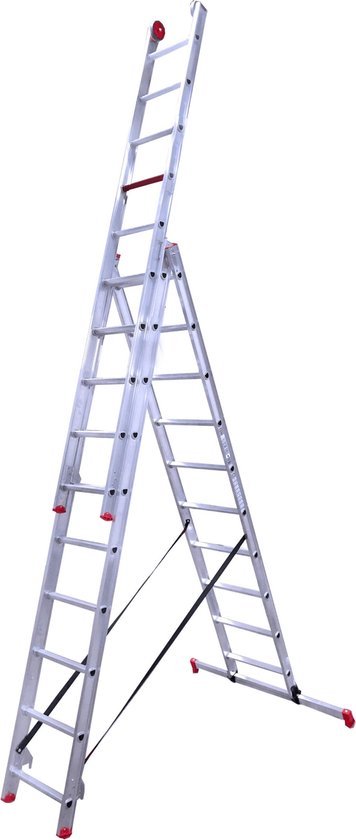 Aluminium reformladder uitgeschoven, met zwarte spanband en rode details.