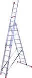 Aluminium reformladder uitgeschoven, met zwarte spanband en rode details.