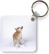 Sleutelhanger - Omhoog kijkende Shiba Inu pup - Plastic - Rond - Uitdeelcadeautjes