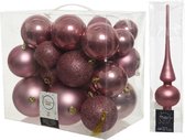 Kerstversiering kunststof kerstballen oud roze 6-8-10 cm pakket van 27x stuks - Met mat glazen piek van 26 cm