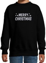 Merry Christmas Kerst sweater / trui - zwart met zilveren glitter bedrukking - kinderen - Kerst sweater / Kerst outfit 7-8 jaar (122/128)
