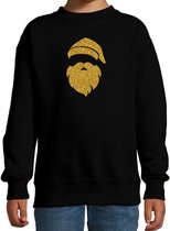 Kerstman hoofd Kerstsweater - zwart met gouden glitter bedrukking - kinderen - Kersttruien / Kerst outfit 12-13 jaar (152/164)