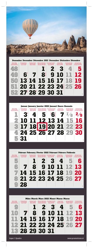 4 maandskalender super 1 Quadro /  extra breed en stevig /  4 maands kalender 2022