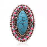 Handgemaakte verstelbare ovale Boho ring multicolor leer en turkoois