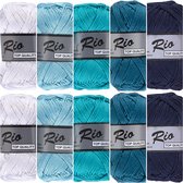 Ensemble de fil de coton mercerisé Rio - paquet de 10 pelotes en fil à crocheter de couleurs bleu et blanc - taille du stylo 3 à 3,5 mm - boules de coton de 50 grammes - fil solide avec une belle brillance