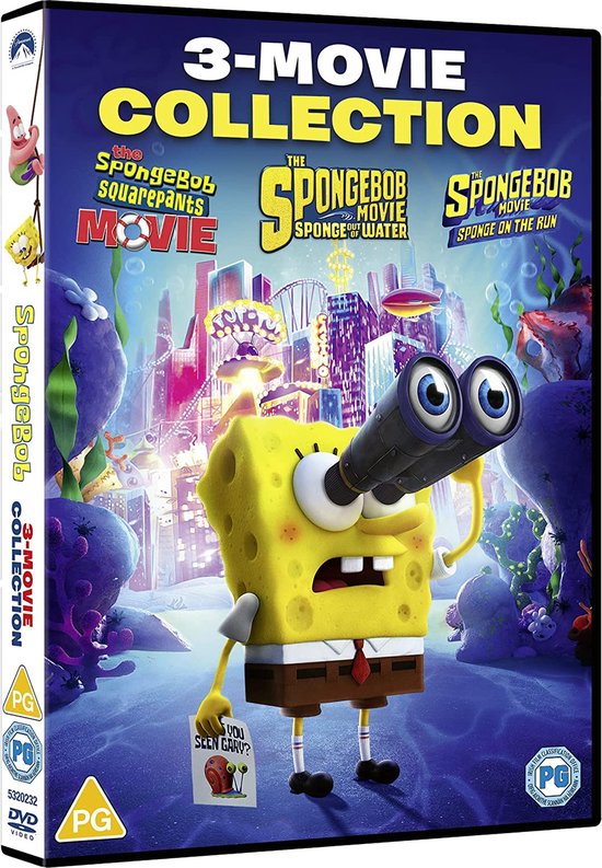 De Spongebob 3-Movie Collection DVD hoes, zijkant met Spongebob en Patrick. De voorkant toont Spongebob door een verrekijker.