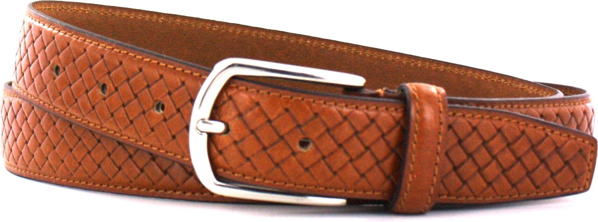 Leren Pantalon Riem | 3,5cm breed | Riemmaat: 105cm (totale lengte: 120cm) | 100% echt leer | Kleur: cognac met print | Nikkelvrije gesp