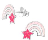 Joy|S - Zilveren regenboog oorbellen - roze wit glitter - vallende ster - 11 x 9 mm