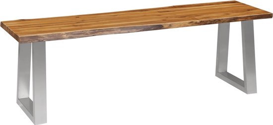 Bankje - massief acaciahout - roestvrijstalen frame - stoere industriele stijl - industrieel - stevig - stoer - rvs - massief - halbank - 140 x 40 x 45 cm (B x D x H) - natuurlijk
