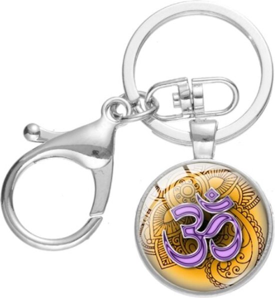 Sleutelhanger - Yoga - Ohm - Amber & Purper - Glazen Amulet Sleutelring