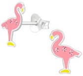 Joy|S - Zilveren flamingo oorbellen - 7 x 11 mm - roze met roze kristal