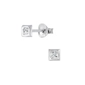 Joy|S - Zilveren vierkant oorbellen - 4 mm - wit kristal - kinderoorbellen