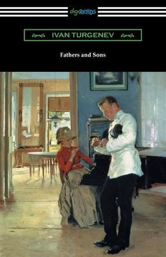 Boekkaft van 'Fathers and Sons' met een schilderij van een man en vrouw in een kamer.
