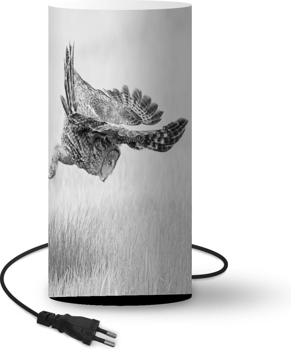 Lamp - Nachtlampje - Tafellamp slaapkamer - Uil vang een prooi in zwart-wit - 33 cm hoog - Ø15.9 cm - Inclusief LED lamp