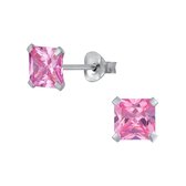 Joy|S - Zilveren vierkant oorbellen - cubic zirkonia - 7 mm roze