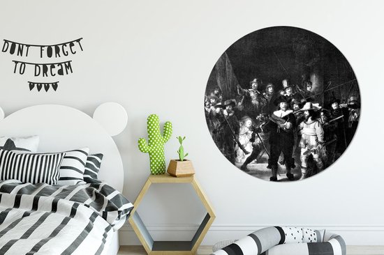 WallCircle® Wandcirkel 150x150 cm - Muurcirkel De Nachtwacht - Schilderij van Rembrandt van Rijn - zwart wit - Muurdecoratie woonkamer - Wanddecoratie slaapkamer - Kamer decoratie accessoires - Ronde schilderijen