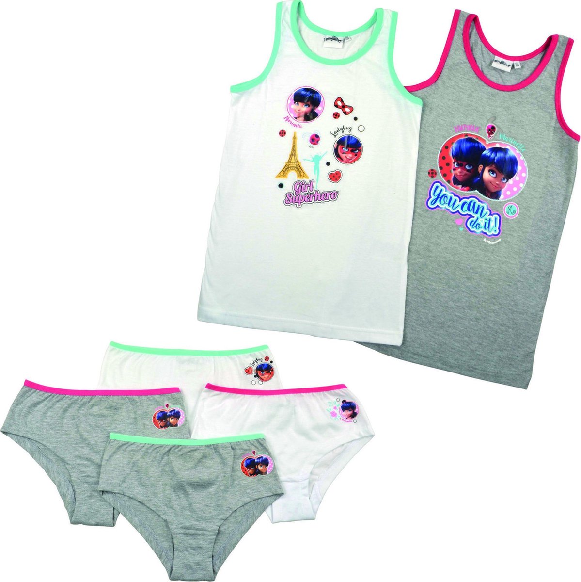 Miraculous Ladybug ondergoed set - 2 hemdjes + 4 onderbroekjes - wit/grijs/neon - maat 134/140