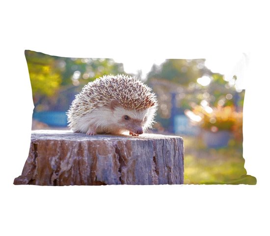 Sierkussen Hérisson pour l'intérieur - Hérisson sur un tronc d'arbre - 50x30 cm - Coussin intérieur rectangulaire en coton
