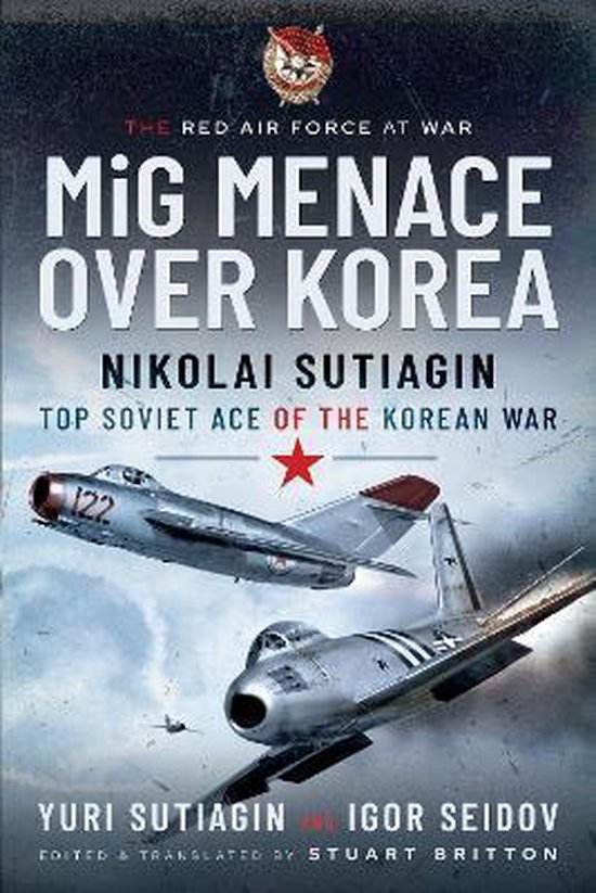 Boekcover van 'MIG MENACE OVER KOREA' met twee zilverkleurige MIG-vliegtuigen in de lucht, één met nummer 122.