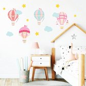 Muursticker Luchtballonnen Roze Set Met Wolken En Sterren | 155 x 100 cm |  Wanddecoratie | Muurdecoratie | Slaapkamer | Kinderkamer | Babykamer | Meisjeskamer | Decoratie Sticker