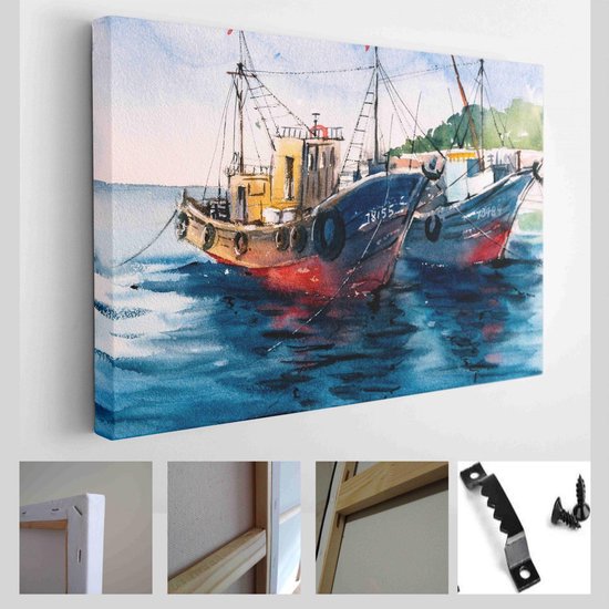 Peinture à l'aquarelle - bateaux de pêche dans le port - toile d'art  moderne -... | bol.com