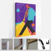 Set d'affiches de festival de jazz. Compositions Vector incluses : saxophone, trombone, clarinette, violon, contrebasse, piano, trompette, grosse caisse et banjo, guitare - Toile d' Art moderne - Vertical - 1950281071