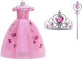 Het Betere Merk - Prinsessenjurk meisje - Roze vlinders - Verkleedkleren meisje - Maat 122/128(130) - Toverstaf - Kroon - Tiara - Roze jurk - Carnavalskleding kinderen