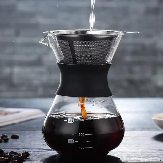 Pour Over Koffiepot met Permanent RVS koffiefilter - Slow Coffee Maker Kit - Glazen Cafetière - Koffekan Drip Gieter - Dripper Koffiemaker - Handmatig Filterkoffie koffiezetapparaat met Herbruikbaar Koffie Filter - Koffiefilterhouder V60 set - 500 ML
