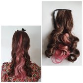 Paardenstaart hairextensions Funny color mix bruin licht roze 50 CM Klem haarstuk Clip in
