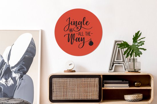 Citation de Noël Jingle tout le chemin sur un fond rouge Sticker papier peint cercle mural - 50x50 cm - peinture ronde - cercle de papier peint - cercle mural - cercle vivant - autocollant et coupe ronde
