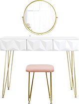 Make-uptafel met kruk en spiegel, 360° draaibare make-upspiegel, kaptafel met 3 laden, gevoerde fluwelen kruk, 3D-effect lade, wit en goud