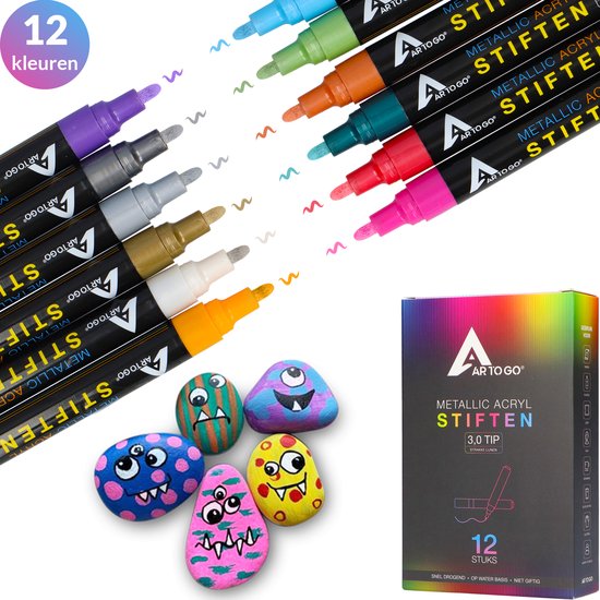 Stiften - Verfstiften - 3.0 tip - Acryl stiften - Happy Stones - 12 kleuren - Acrylverf - Pennen