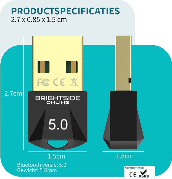 Bluetooth 5.0 adapter voor PC - Bluetooth receiver - Windows 11/10/8/8.1/7/XP - Brightside Online