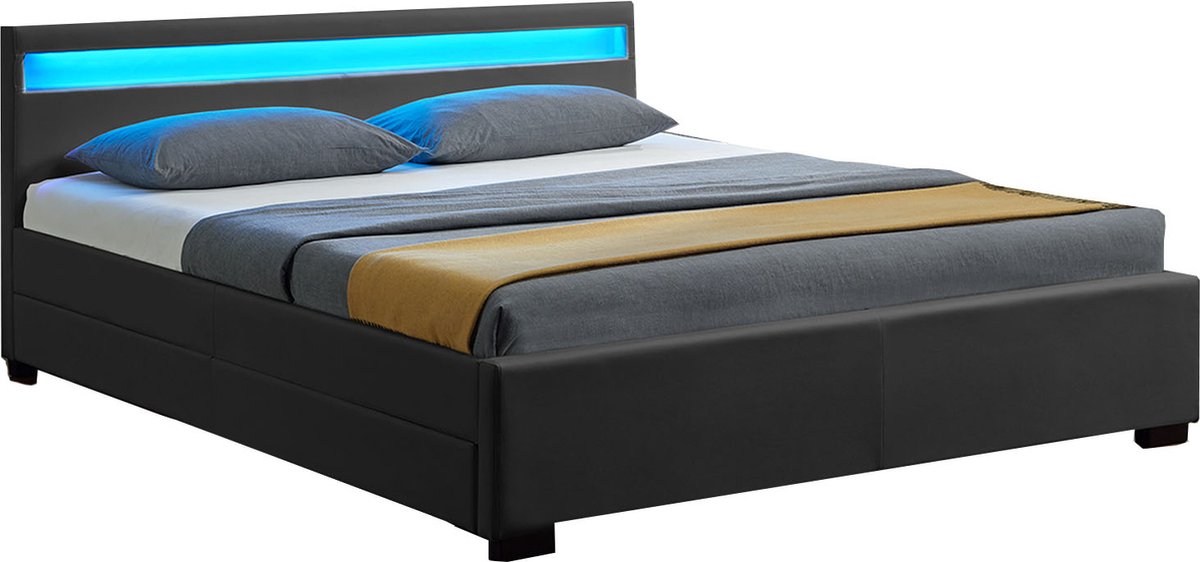 Gestoffeerd bed Lyon - 140 x 200 cm - Donkergrijs - LED Verlichting & Bedlades