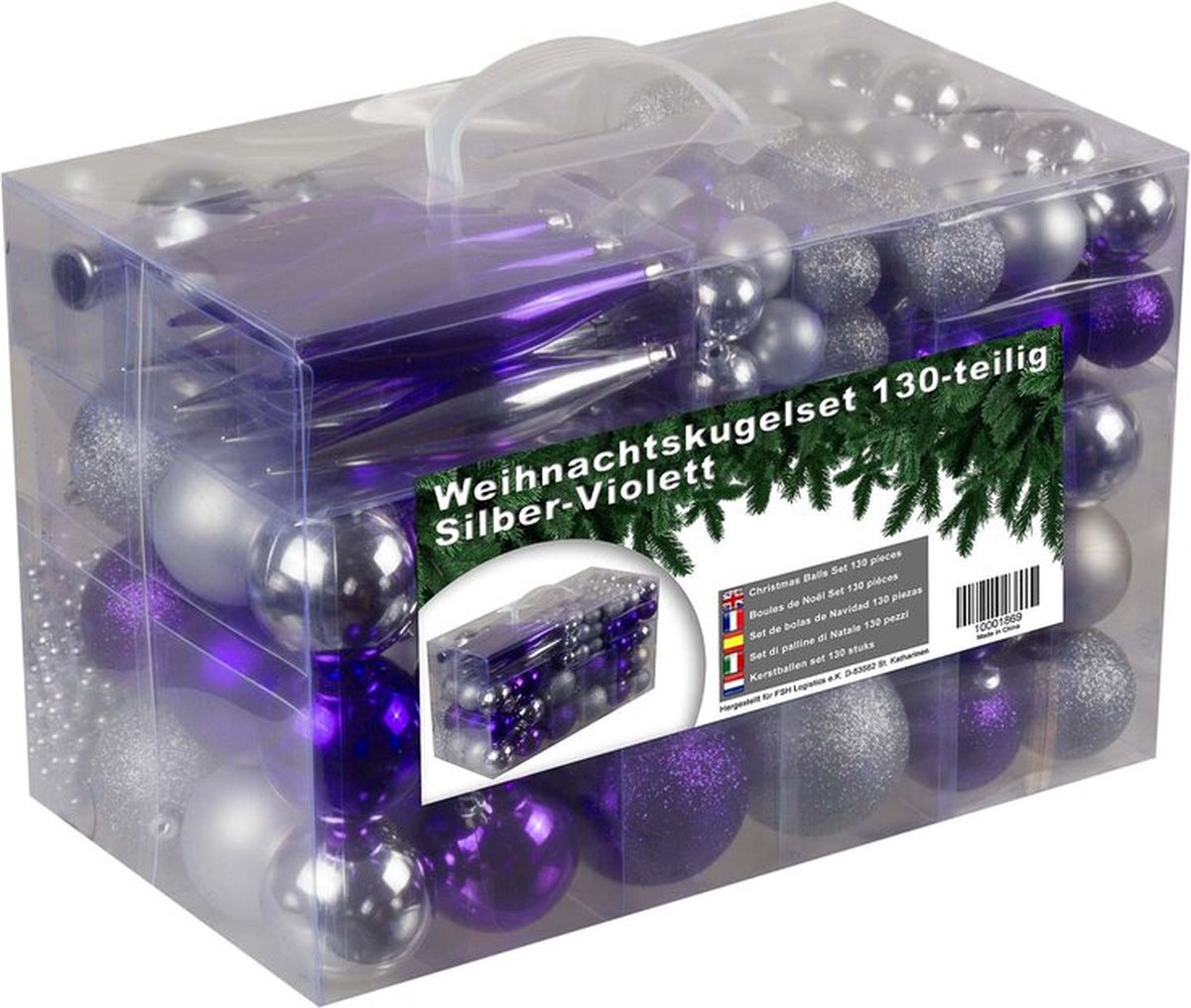 Kerstballenset - met kerstballen kerstslinger ijspegels en piek - 130 stuks - zilver met violet / paars