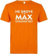 Baby T-shirt oranje He Drove to the MAX Champion 2021 | race supporter fan shirt | Formule 1 fan kleding | Max Verstappen / Red Bull racing supporter | wereldkampioen / kampioen | racing souv
