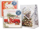 50 Luxe dubbele Kerstkaarten & gratis 2 Kerst cadeautasjes - 2 x 25 st - Folie - 4 motieven - Witte envelop - 10 x 10 cm