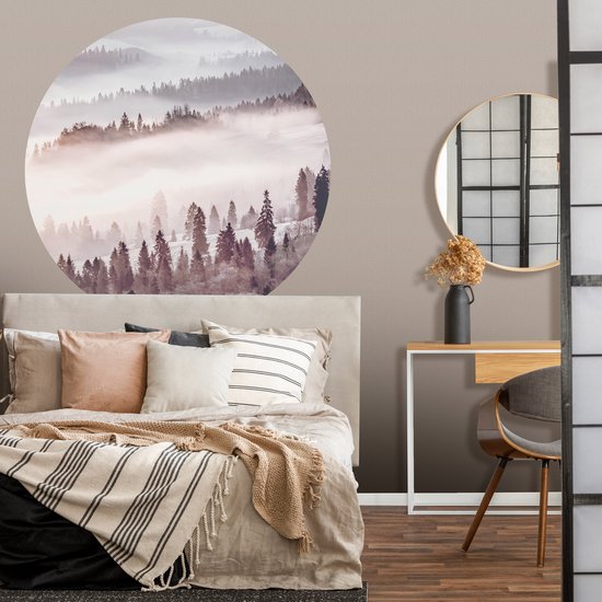 Tizato - Wall Circle Forêt dans la Brume - Rose - Sticker Mural Cercle Muursticker Autocollant - Ø 91 cm