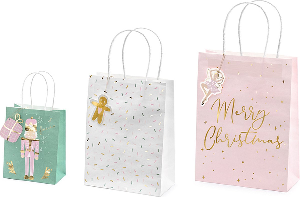 Kerst cadeau tasjes papier, mix van 3 verschillende tasjes