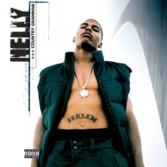 Nelly, albumhoes Country Grammar, een man draagt een donker vest boven een blote torso met tatoeages.