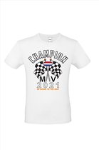 Kids T-shirt wit Champion MV 2021 | race supporter fan shirt | Formule 1 fan kleding | Max Verstappen / Red Bull racing supporter | wereldkampioen / kampioen | racing souvenir | maat 128
