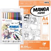 Manga tekenen set - Tombow Dual Brush Pen Manga Schonen set van 9 kleuren + blender - 40 vellen A4 Clairefontaine Manga papier met 6-voudige indeling
