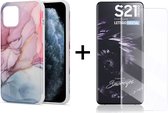 Samsung S21 Ultra Hoesje - Samsung Galaxy S21 Ultra Hoesje Marmer Roze/Blauw Siliconen Case - 1x Samsung S21 Ultra Screenprotector UV
