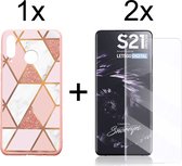 Samsung S21 Ultra Hoesje - Samsung Galaxy S21 Ultra Hoesje Marmer Roze Driehoek Print Siliconen Case - 2x Samsung S21 Ultra Screenprotector UV