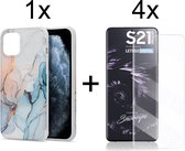 Samsung S21 Ultra Hoesje - Samsung Galaxy S21 Ultra Hoesje Marmer Lichtblauw Siliconen Case - 4x Samsung S21 Ultra Screenprotector UV